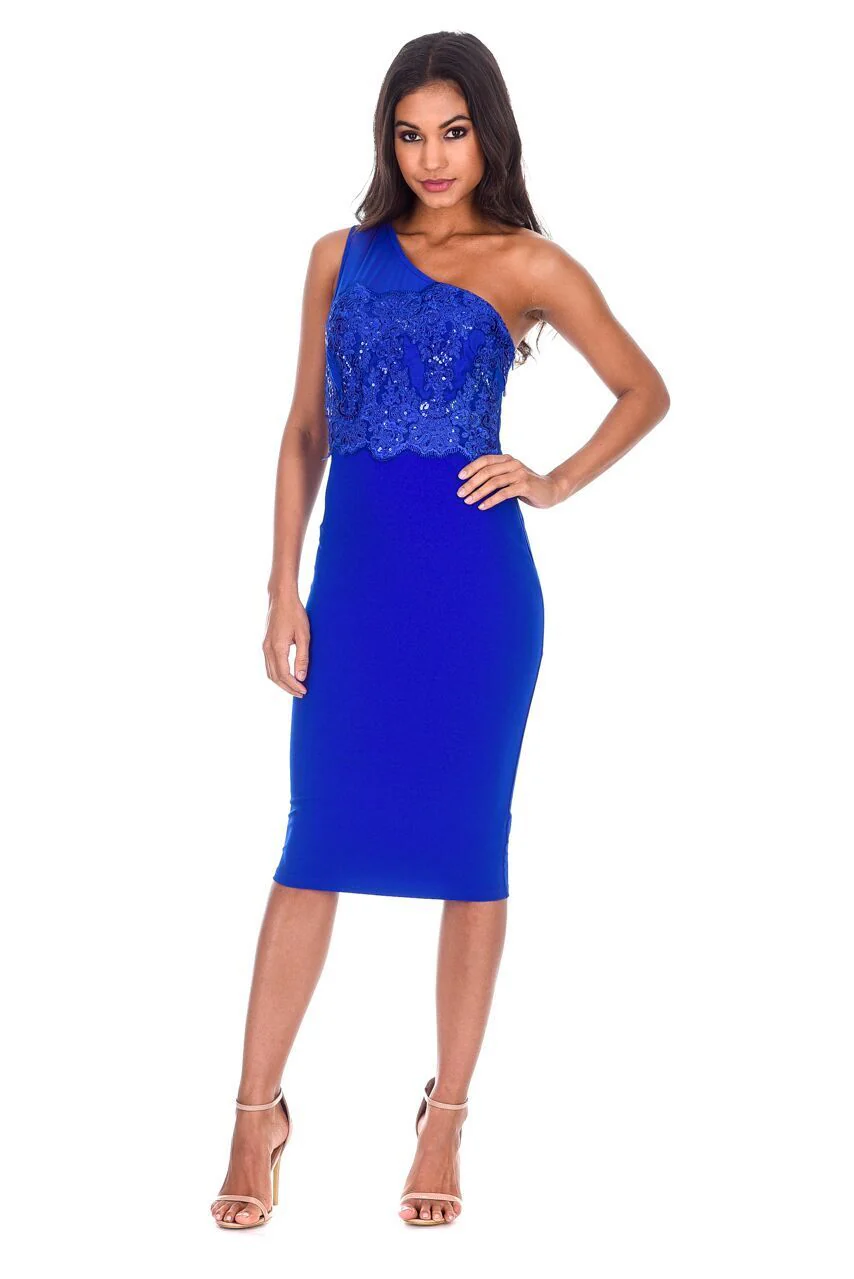 Blue One Shoulder Sequin Embroidered Bodycon - Image 2