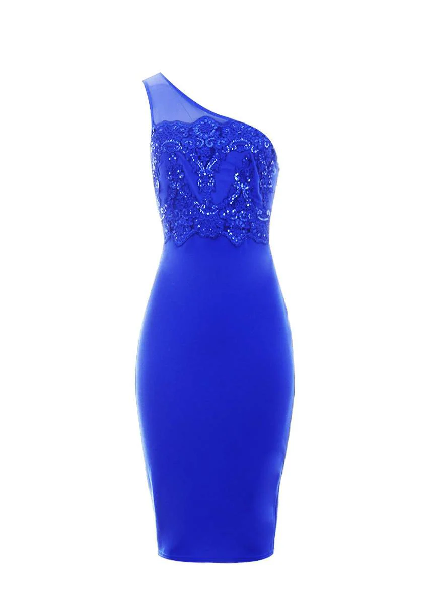 Blue One Shoulder Sequin Embroidered Bodycon - Image 4