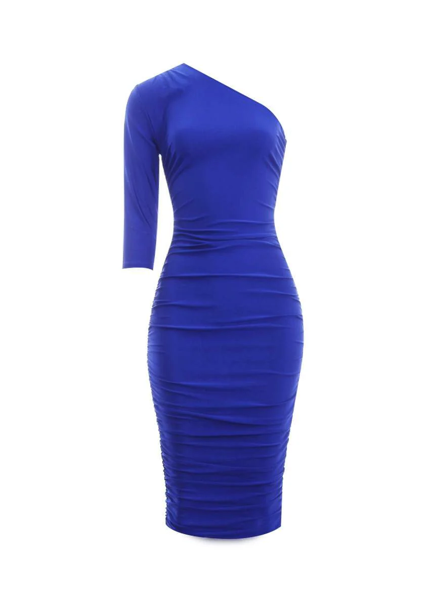 Blue One Sleeve Slinky Midi Dress - Image 4