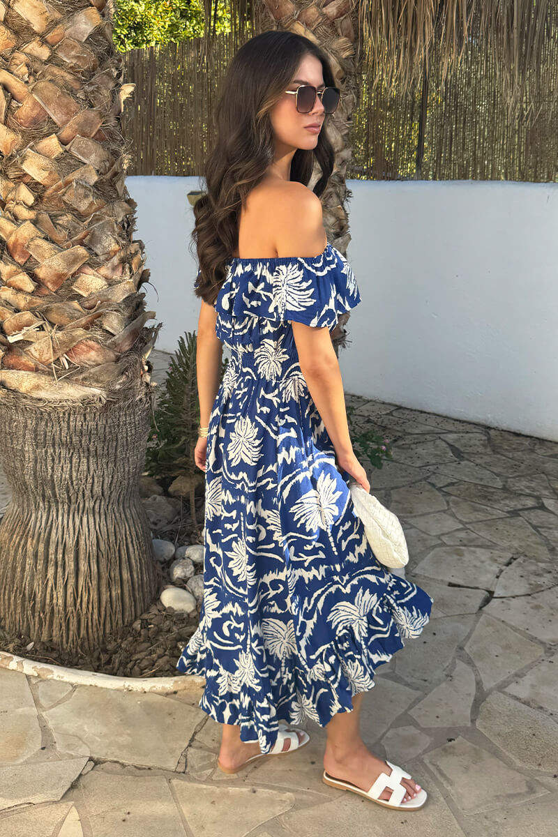 Blue Palm Tree Print Bardot Frill Hem Midi Dress - Image 4