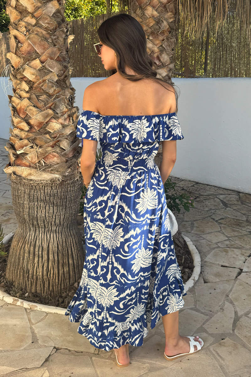 Blue Palm Tree Print Bardot Frill Hem Midi Dress - Image 5