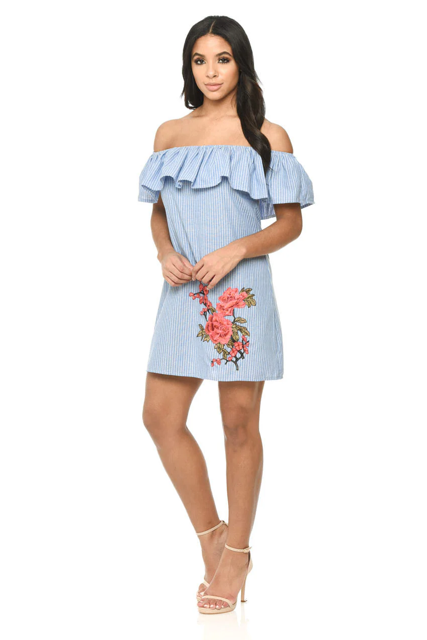 Blue Pinstripe Bardot Dress With Frill Detail And Embroidery - Image 2