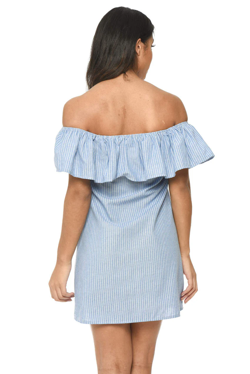 Blue Pinstripe Bardot Dress With Frill Detail And Embroidery - Image 3