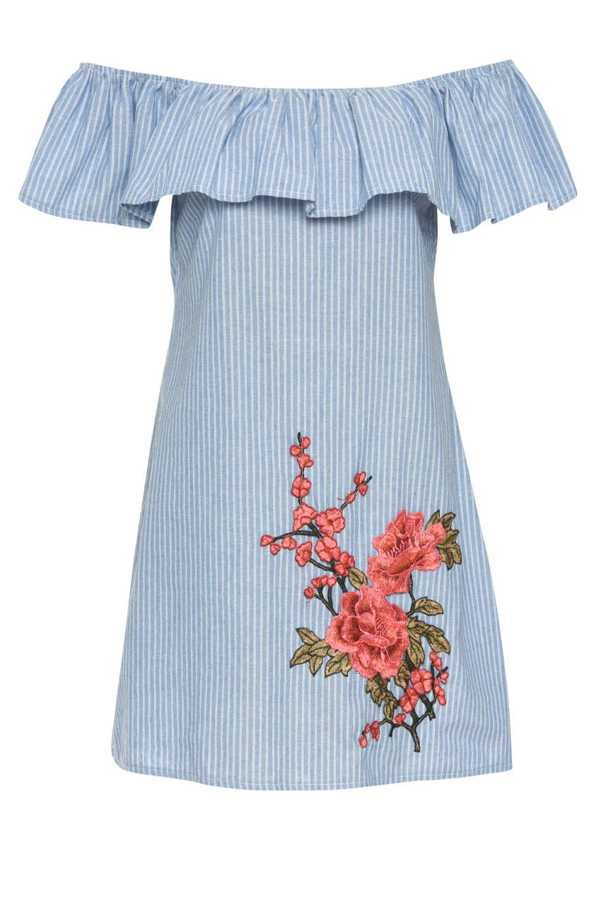 Blue Pinstripe Bardot Dress With Frill Detail And Embroidery - Image 4