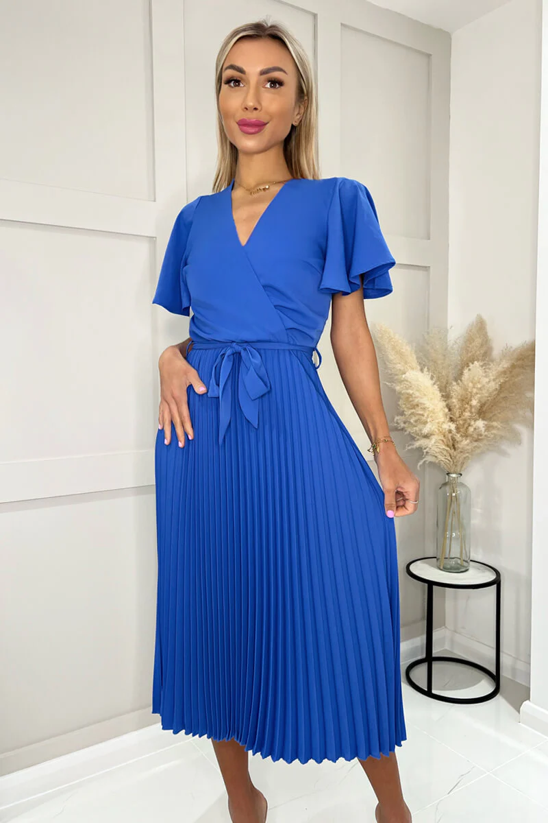 Blue Pleated Midi Dress with Tie Waist - Image 3