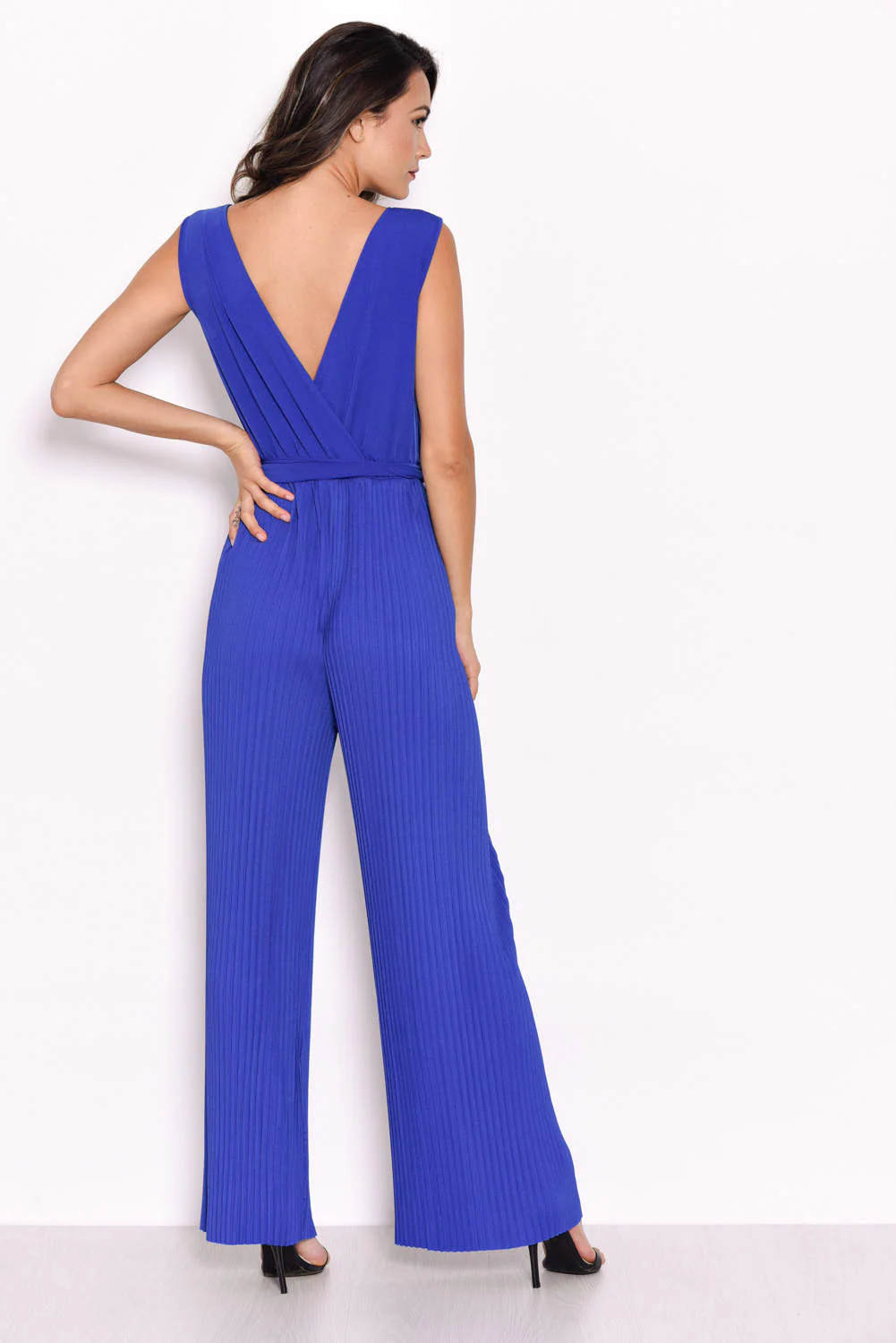 Blue Pleated Tie-Waist Jumpsuit - Image 3