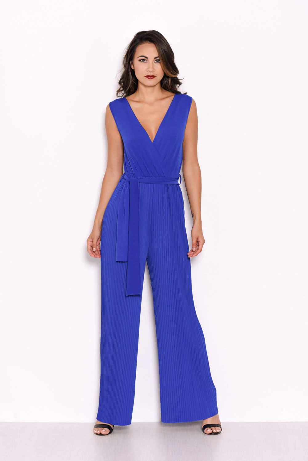 Blue Pleated Tie-Waist Jumpsuit - Image 4