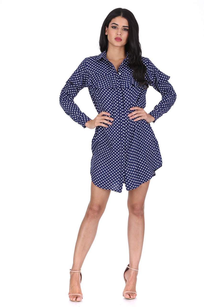 Blue Polka Dot Shirt Dress With Ruffle Detail - Image 2