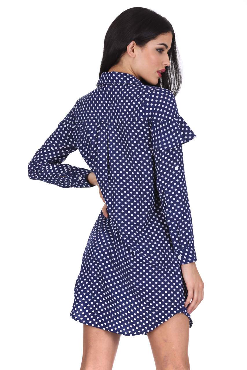 Blue Polka Dot Shirt Dress With Ruffle Detail - Image 3