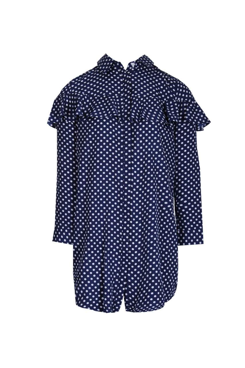 Blue Polka Dot Shirt Dress With Ruffle Detail - Image 4