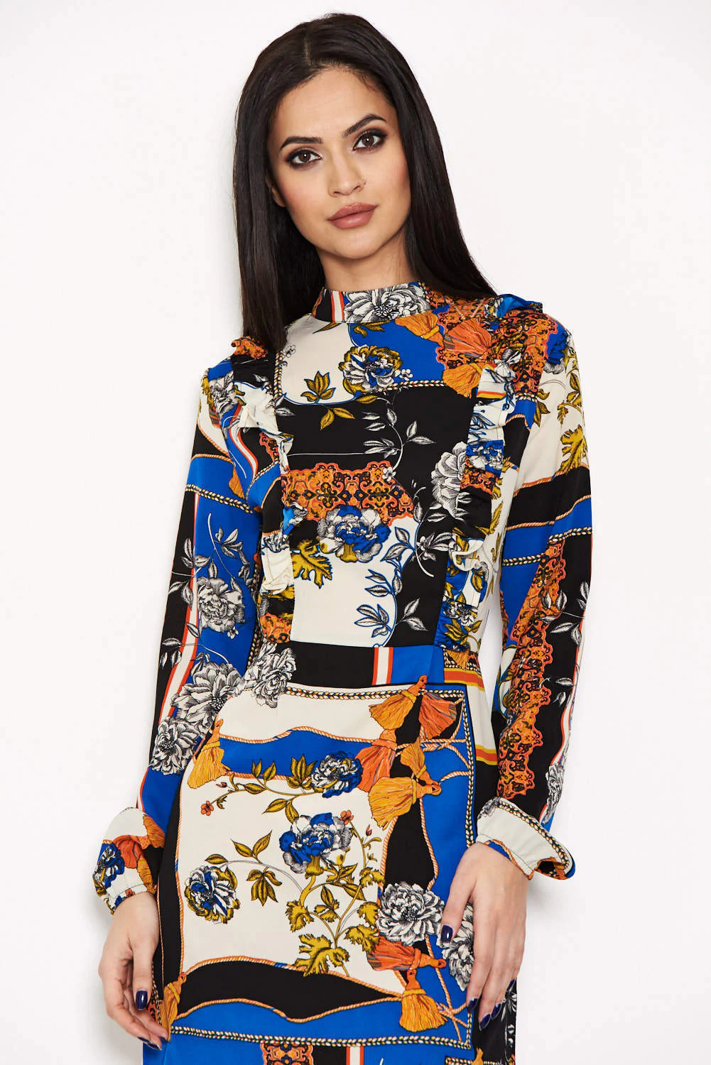 Blue Printed Frill Day Dress - Image 5