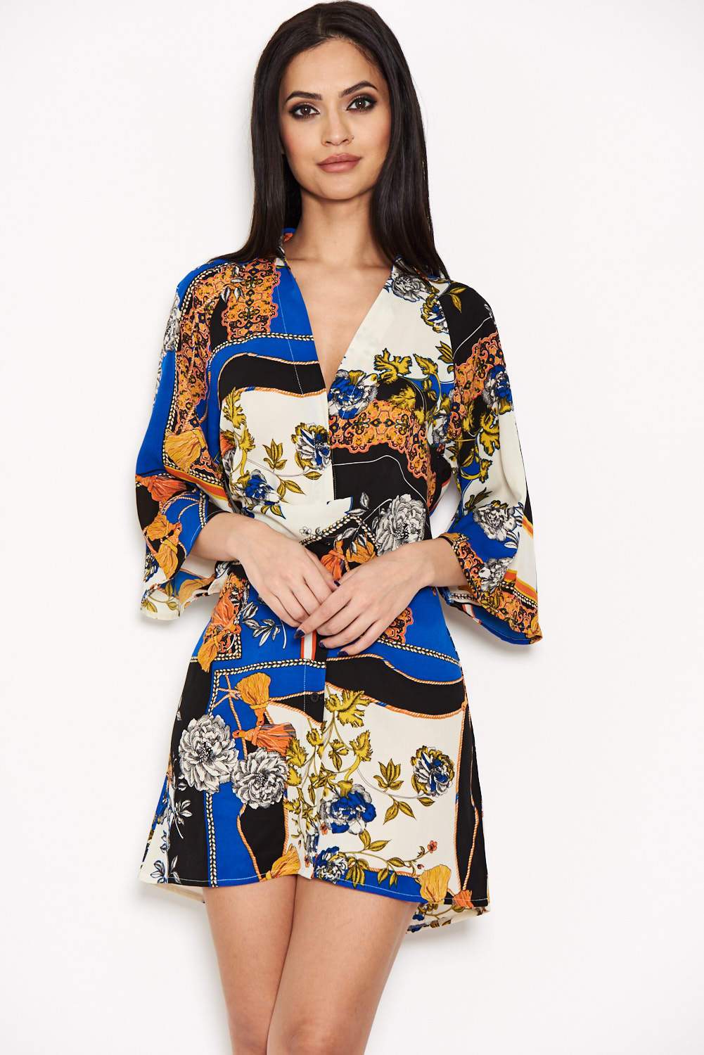 Blue Printed Knot Front Shirt Dress - Image 4