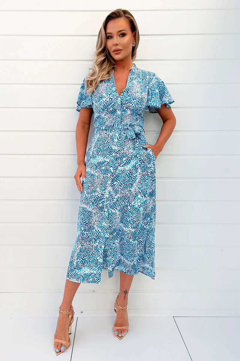 Blue Printed Short Sleeve Belted Button Up Shirt Dress - Image 2