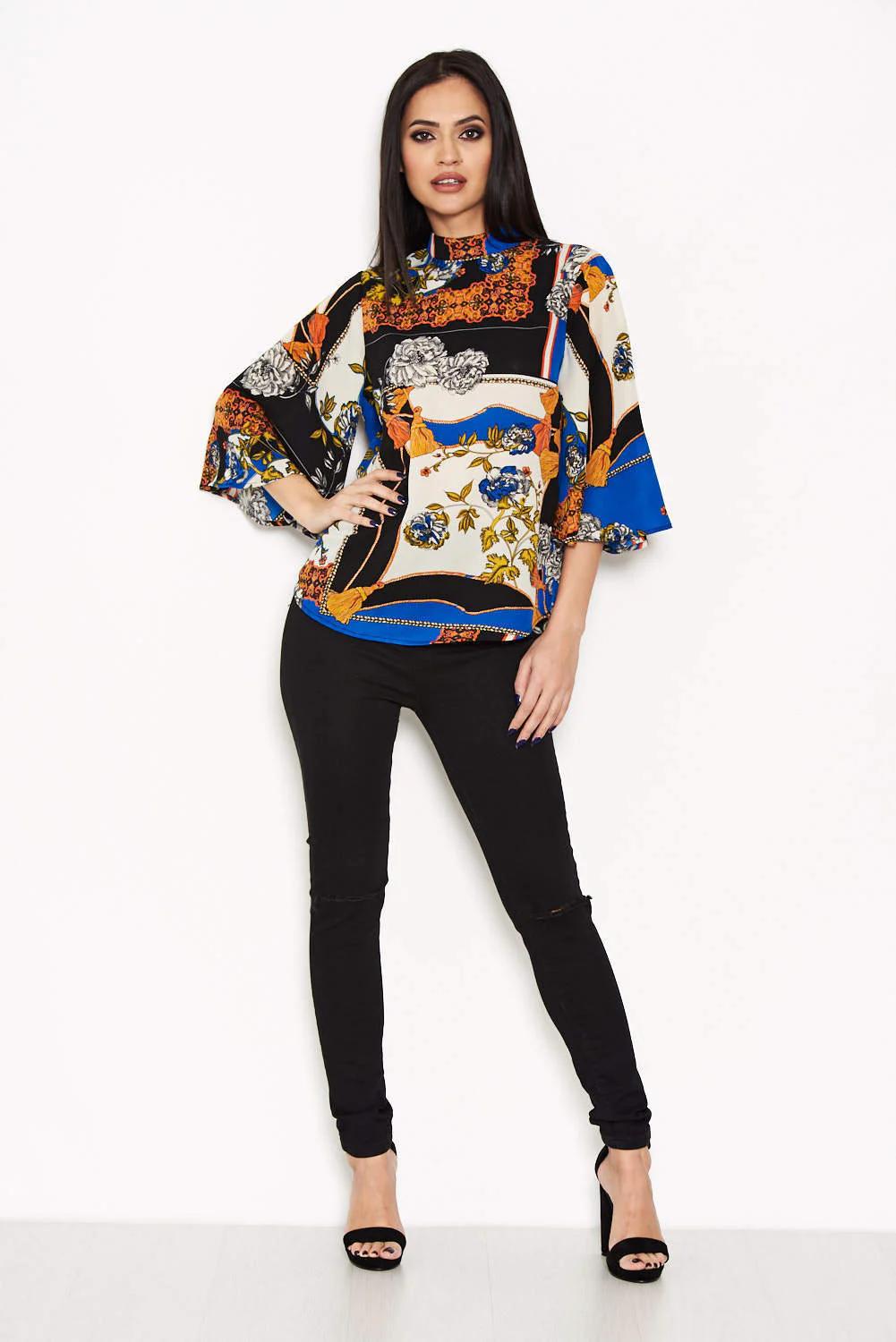 Blue Printed Wide Sleeve Top - Image 2