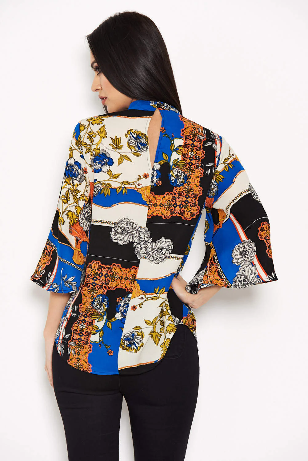 Blue Printed Wide Sleeve Top - Image 3