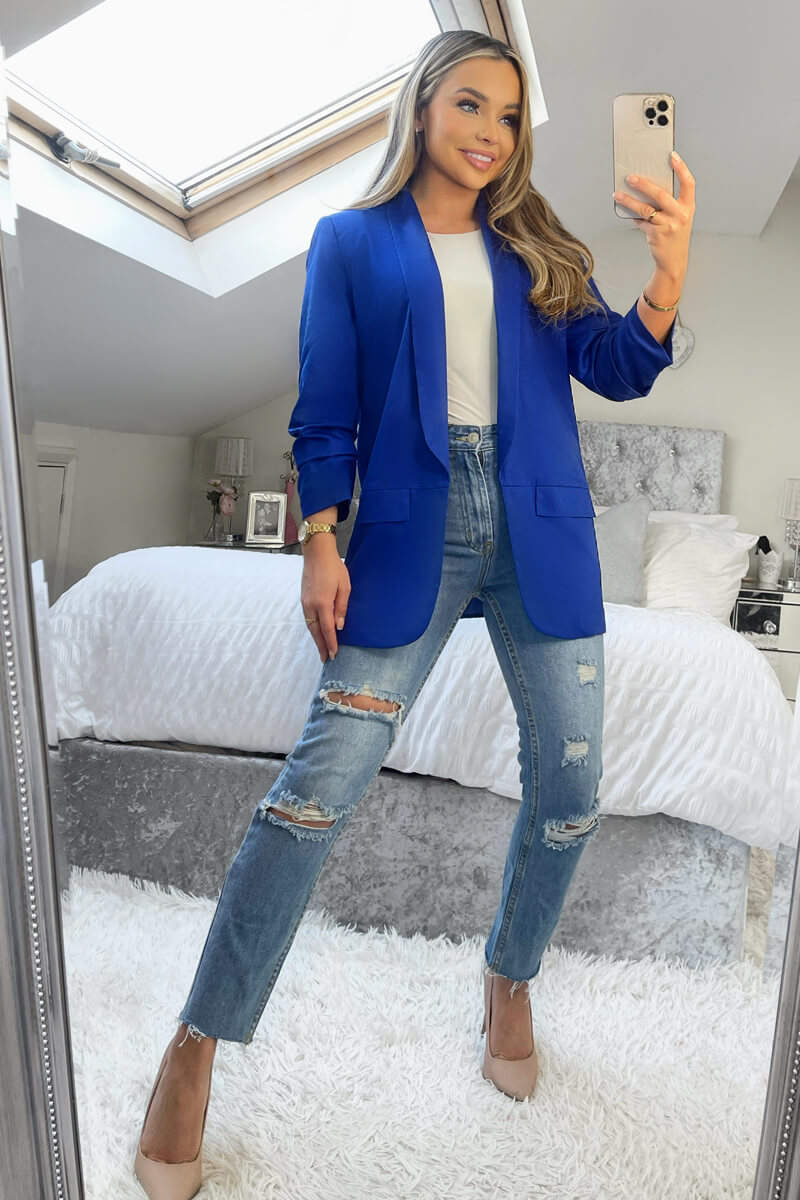 Blue Ruched Sleeve Blazer - Image 2