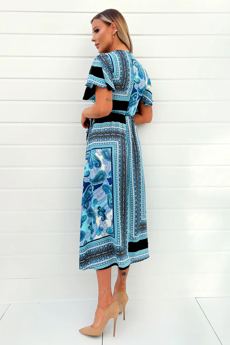 Blue Scarf Printed Short Sleeve Wrap Midi Dress - Image 4