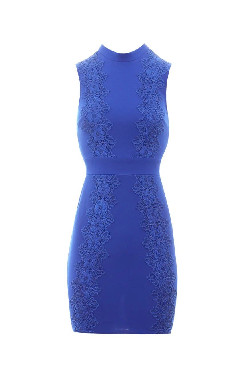 Blue Sleevless High Neck Crochet Detail Dress - Image 4