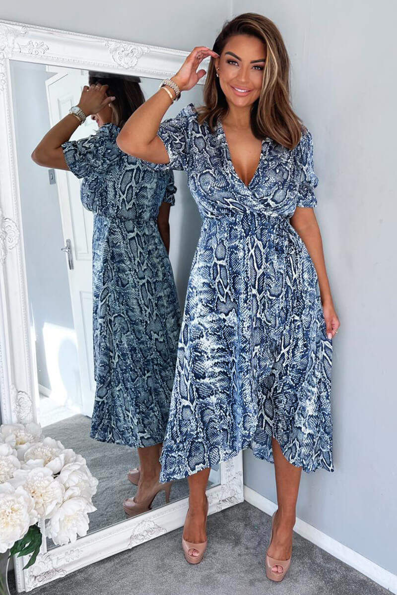 Blue Snake Print Tie Side Wrap Midi Dress - Image 2