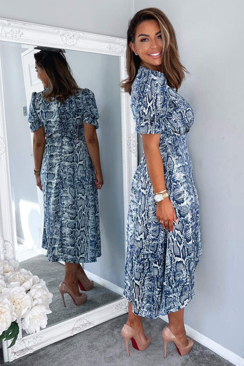 Blue Snake Print Tie Side Wrap Midi Dress - Image 5