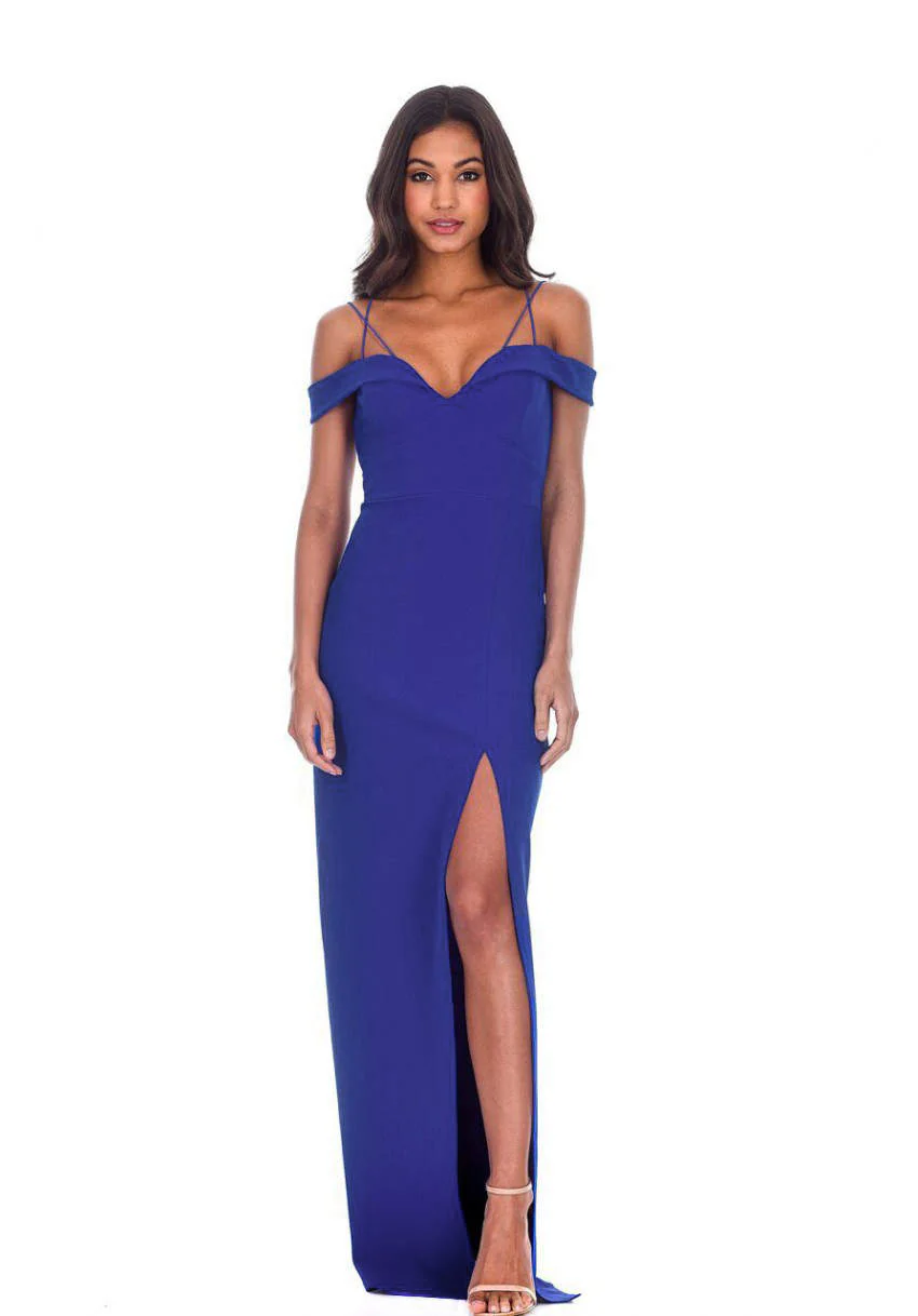 Blue Strappy Off The Shoulder Side Split Maxi Dress - Image 2