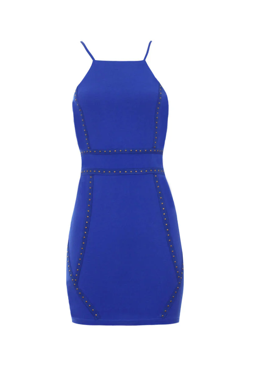 Blue Strappy Stud Front Bodycon Mini Dress - Image 4