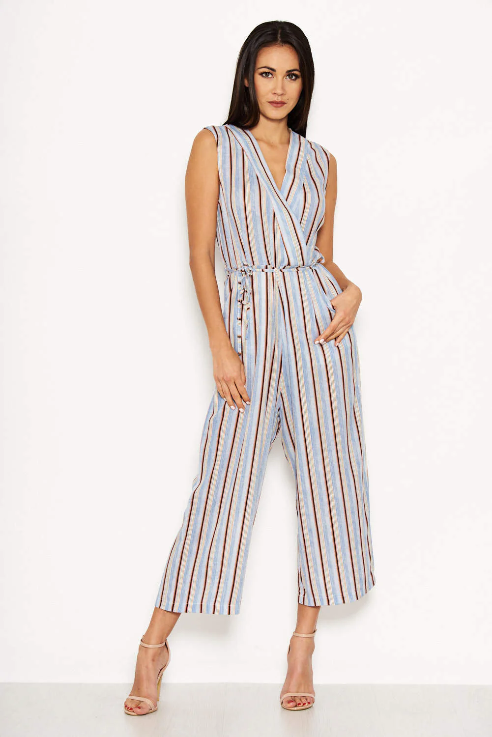 Blue Stripe V Neck Culotte Jumpsuit - Image 2