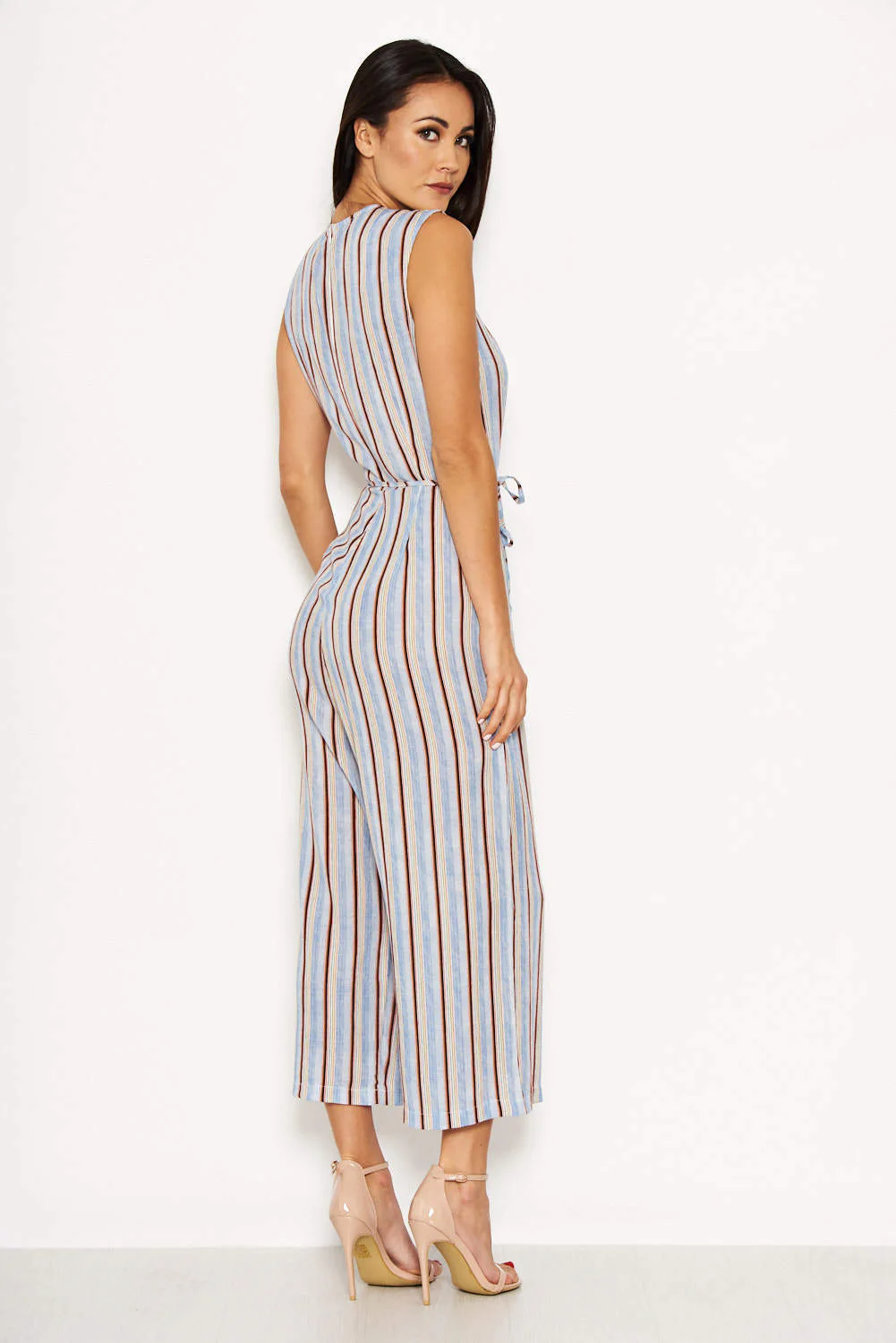 Blue Stripe V Neck Culotte Jumpsuit - Image 3