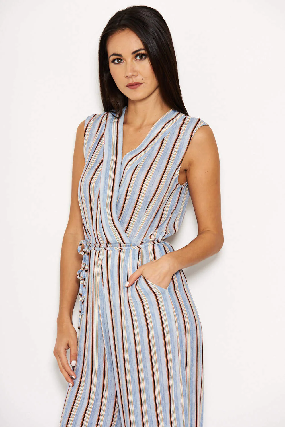 Blue Stripe V Neck Culotte Jumpsuit - Image 4