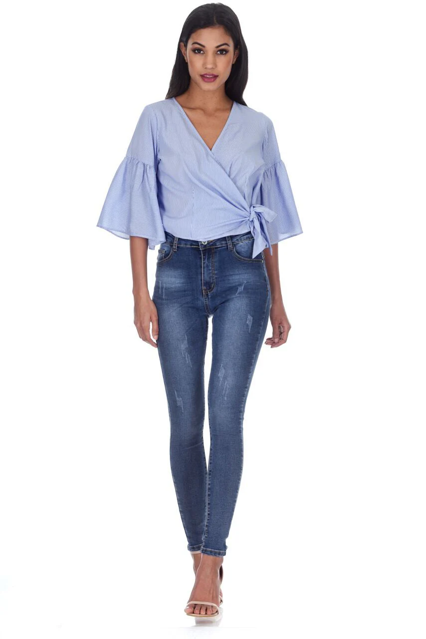 Blue Striped Crop Shirt Top - Image 2