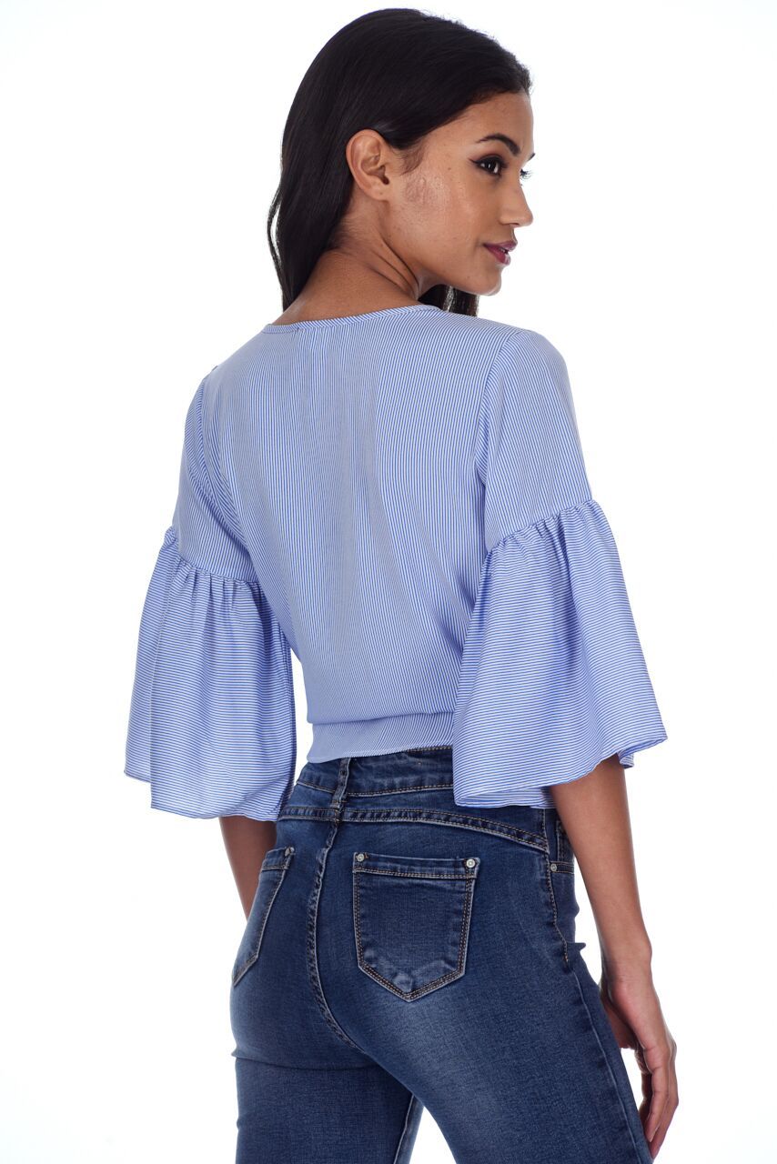 Blue Striped Crop Shirt Top - Image 3