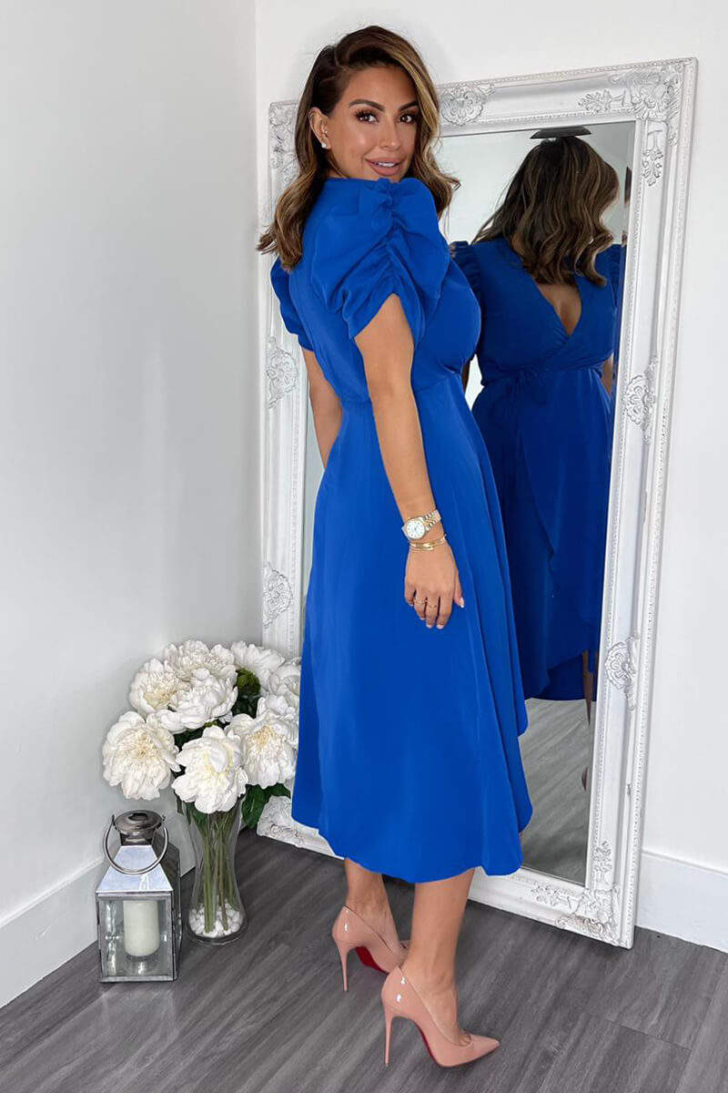Blue Wrap Over Tie Midi Dress - Image 5
