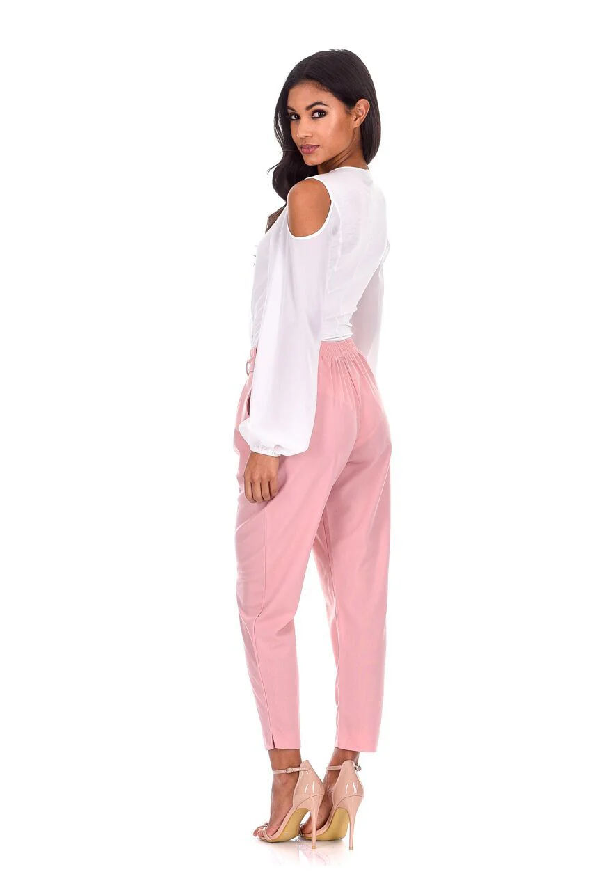Blush Cropped Tie Belt Trousers - Image 3