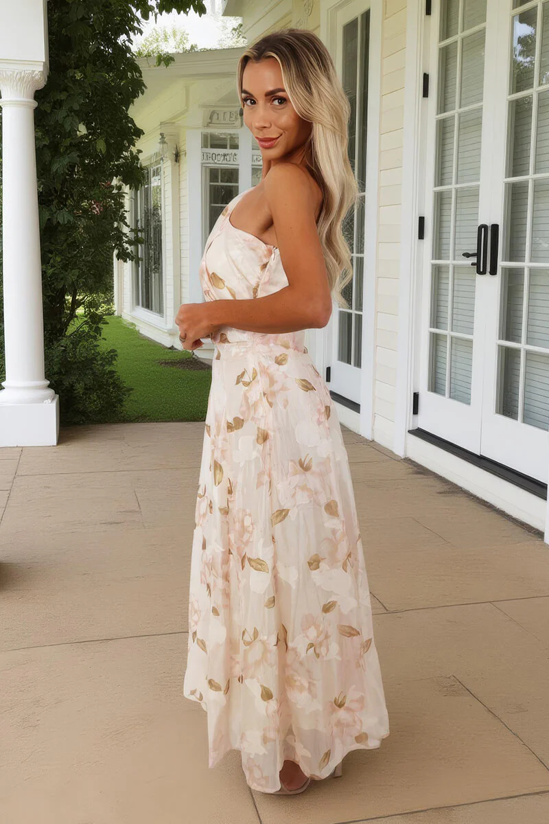 Blush Floral Embroidered Chiffon One Shoulder Midi Dress - Image 4