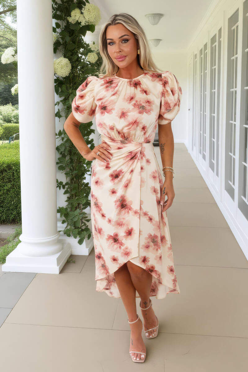 Blush Floral Print Puff Sleeve Gathered Side Midi Dress