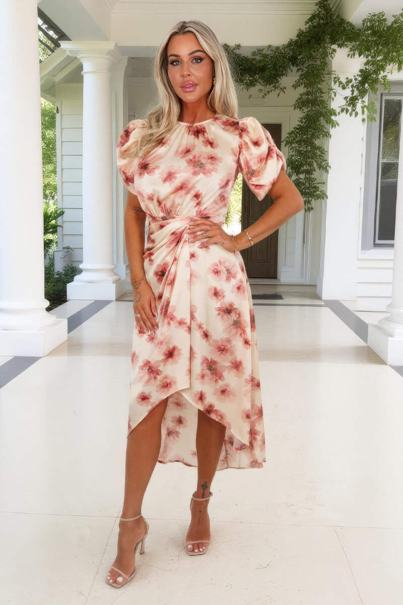 Blush Floral Print Puff Sleeve Gathered Side Midi Dress - Image 2