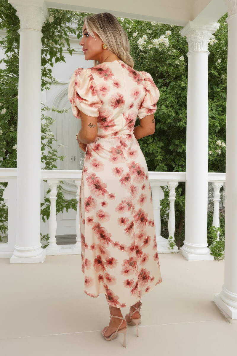 Blush Floral Print Puff Sleeve Gathered Side Midi Dress - Image 5