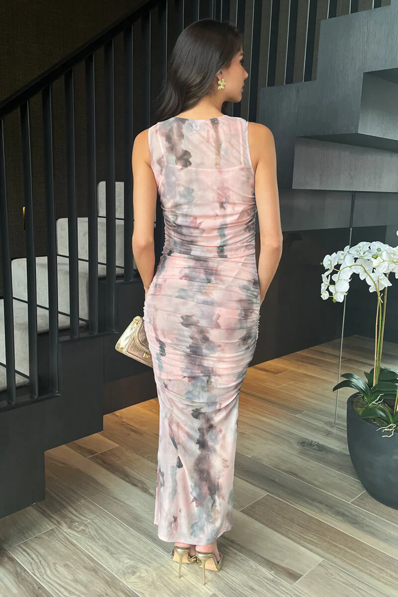 Blush Marble Print Mesh Overlay Bodycon Midi Dress - Image 5