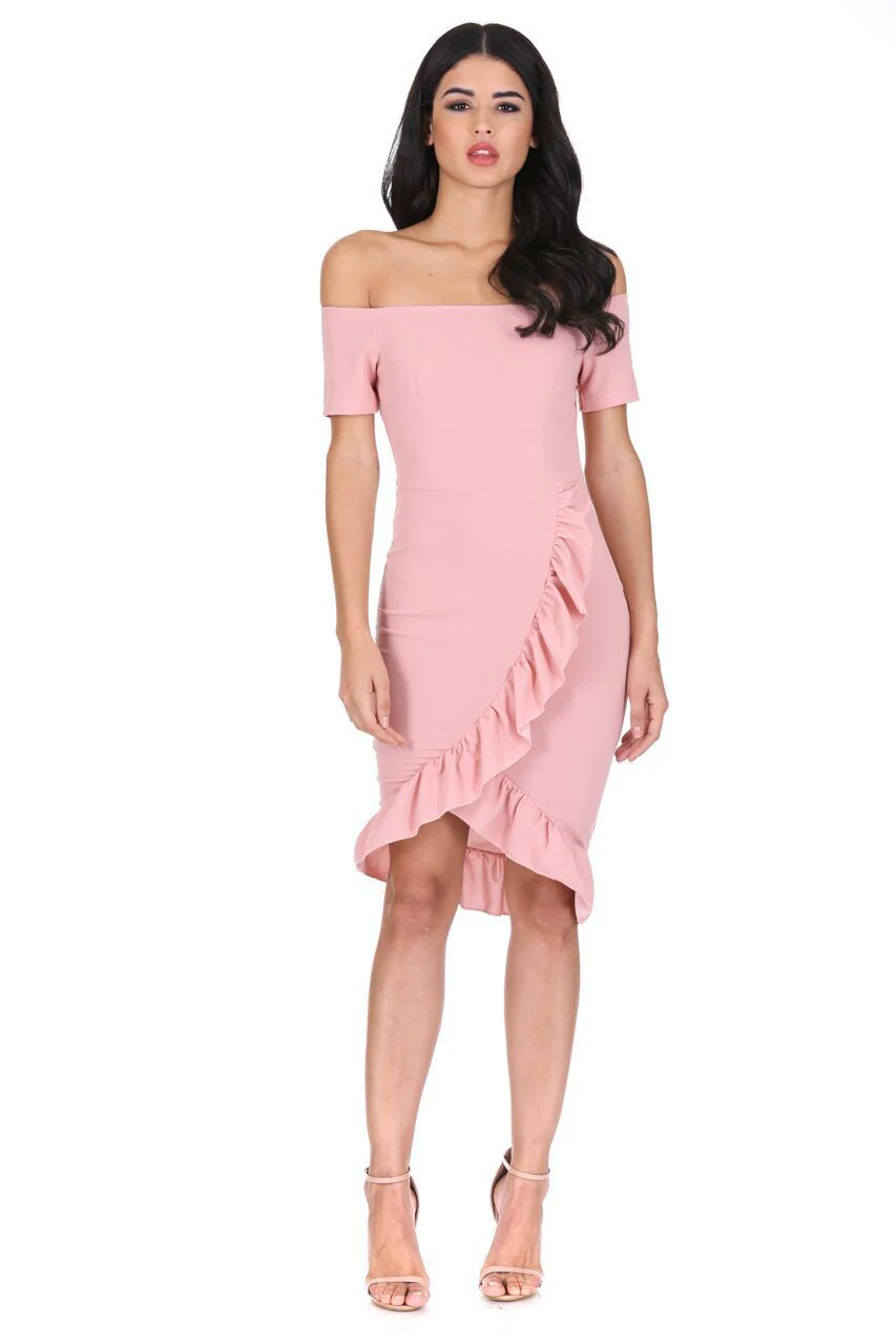 Blush Off The Shoulder Frill Detail Bodycon Dress - Image 2