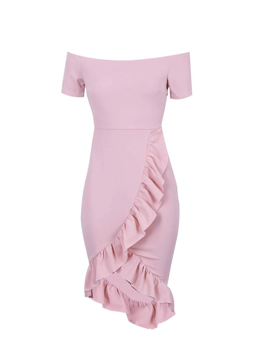 Blush Off The Shoulder Frill Detail Bodycon Dress - Image 4