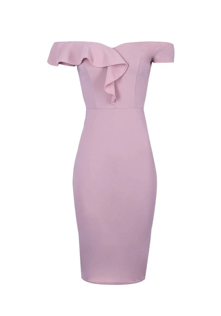 Blush Off The Shoulder Frill Detail Midi Dress - Image 4