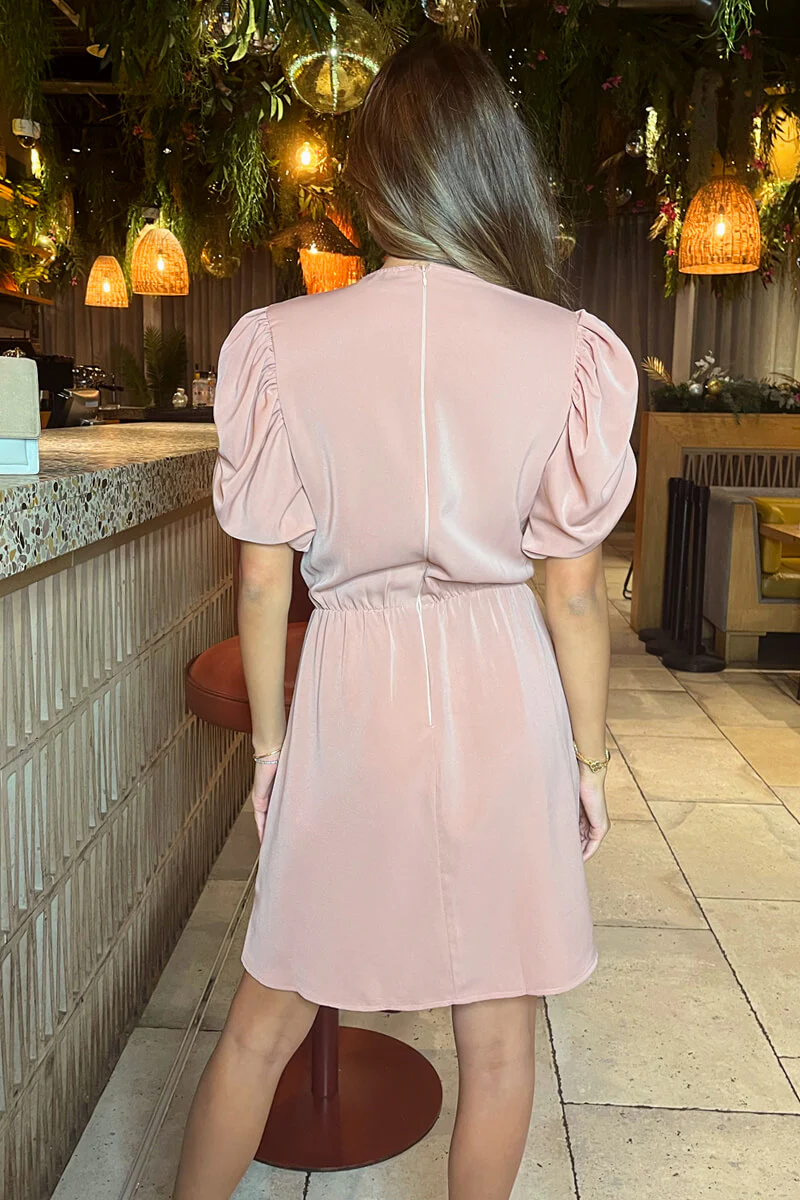 Blush Short Puff Sleeve Drape Skirt Mini Dress - Image 6