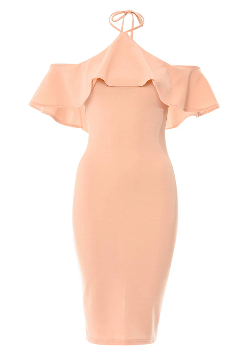 Blush Tie Neck Frill Midi Dress - Image 5