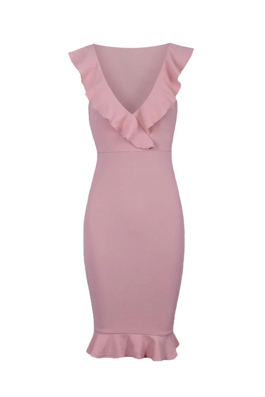 Blush V Neck Frill Detail Bodycon Dress - Image 4