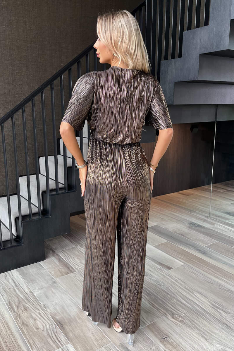 Bronze Plisse Buckle Detail Wrap Jumpsuit - Image 3