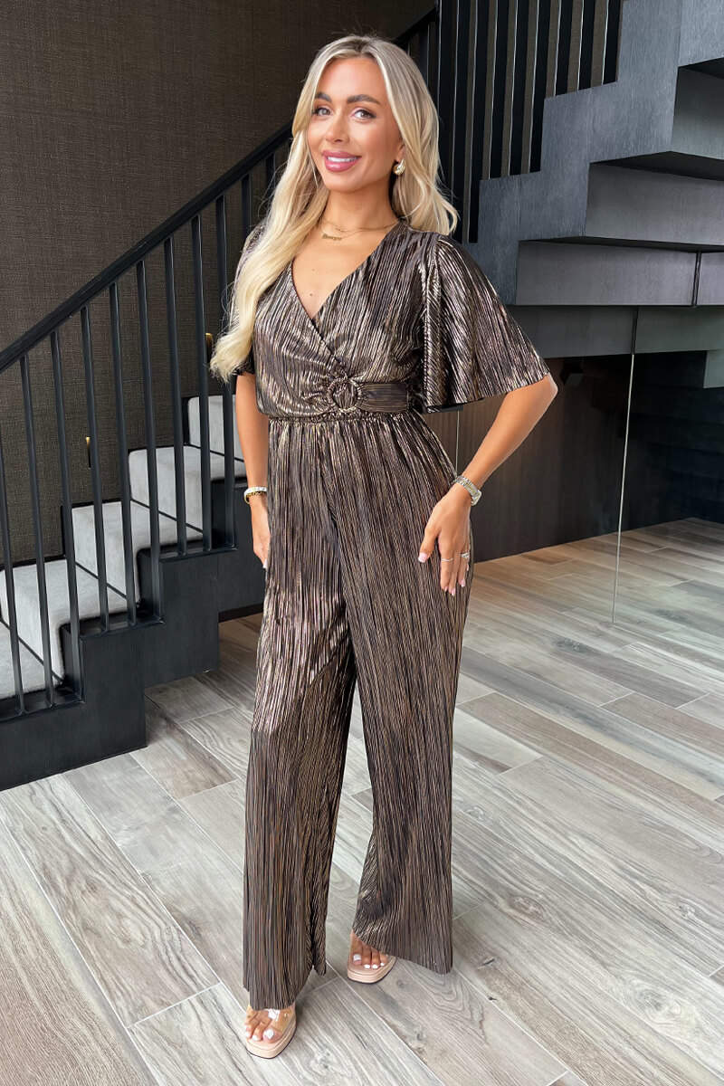 Bronze Plisse Buckle Detail Wrap Jumpsuit - Image 4