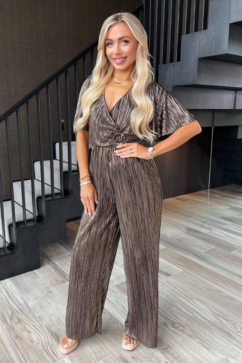 Bronze Plisse Buckle Detail Wrap Jumpsuit - Image 5
