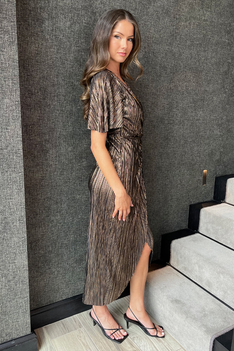 Bronze Plisse Buckle Detail Wrap Midi Dress - Image 3