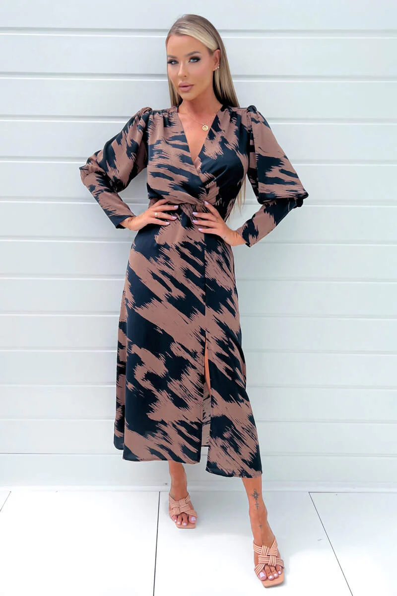 Brown And Navy Printed Long Sleeve Midi Dress - Image 2