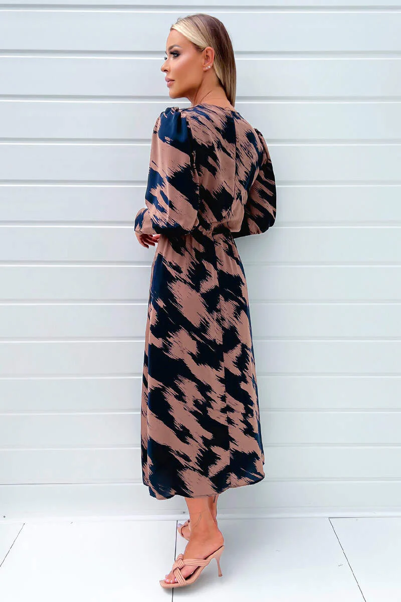 Brown And Navy Printed Long Sleeve Midi Dress - Image 4